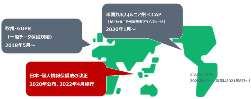 個人情報保護規制に関する世界の動向を示した世界地図